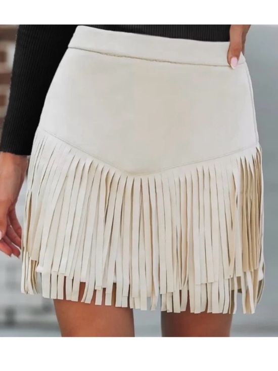 Sincerly Jules Dresses & Skirts - Fringe Suede Cream Mini Skirt